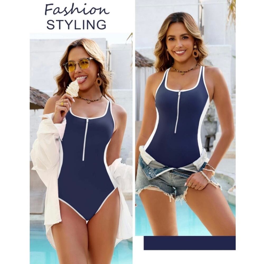 BMJL Women Navy Blue White Tummy Control One Piece Swimsuit Zip Front M NWT - Picture 5 of 7